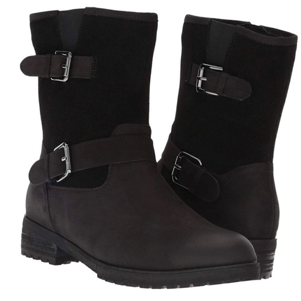 Blondo Vall Waterproof Black Leather Moto Buckle Mid Calf Chunky Heel Boots 11‎